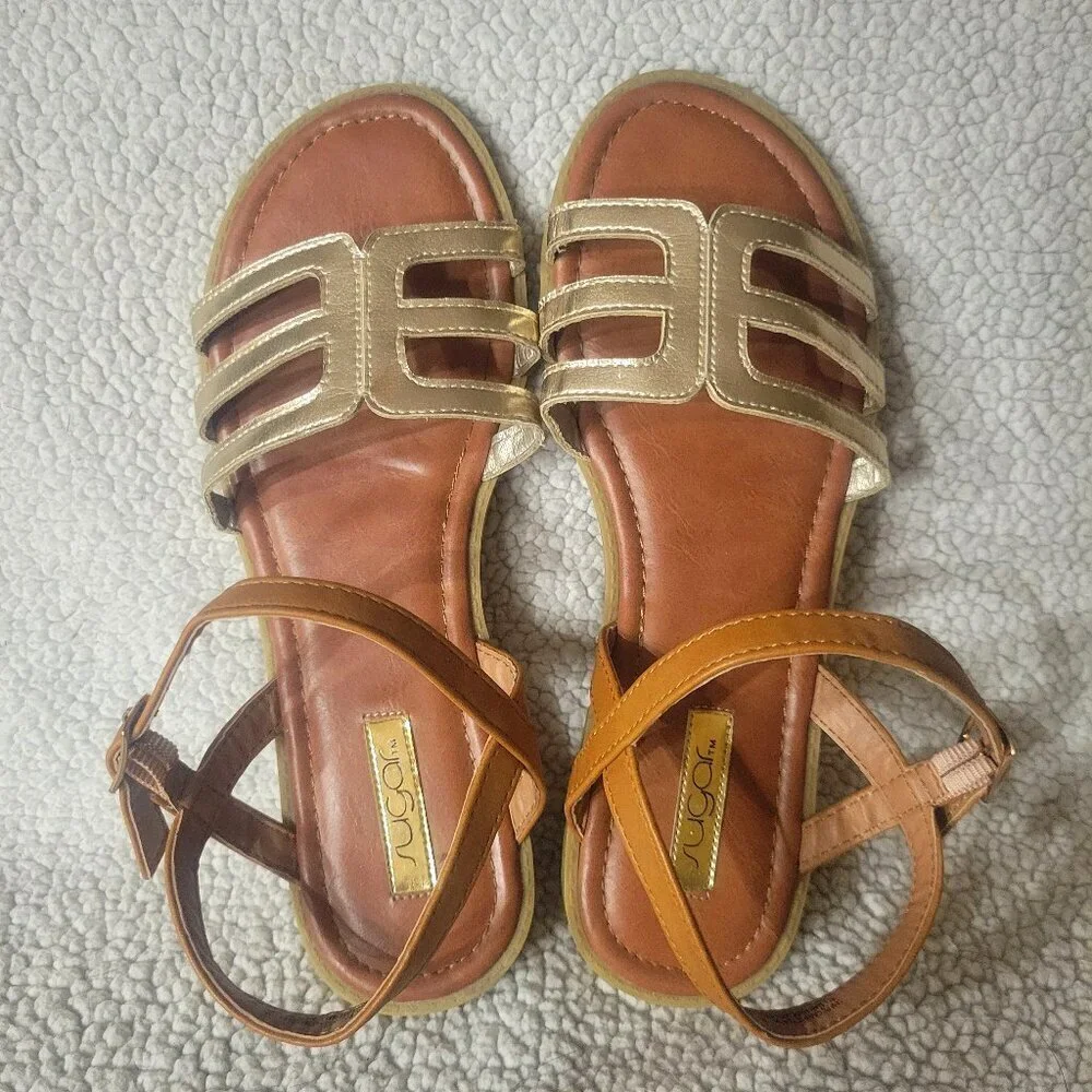Sugar Metallic Gold Flat Strappy Summer Sandals - Size Big Girls 4 (5.5 wmns)